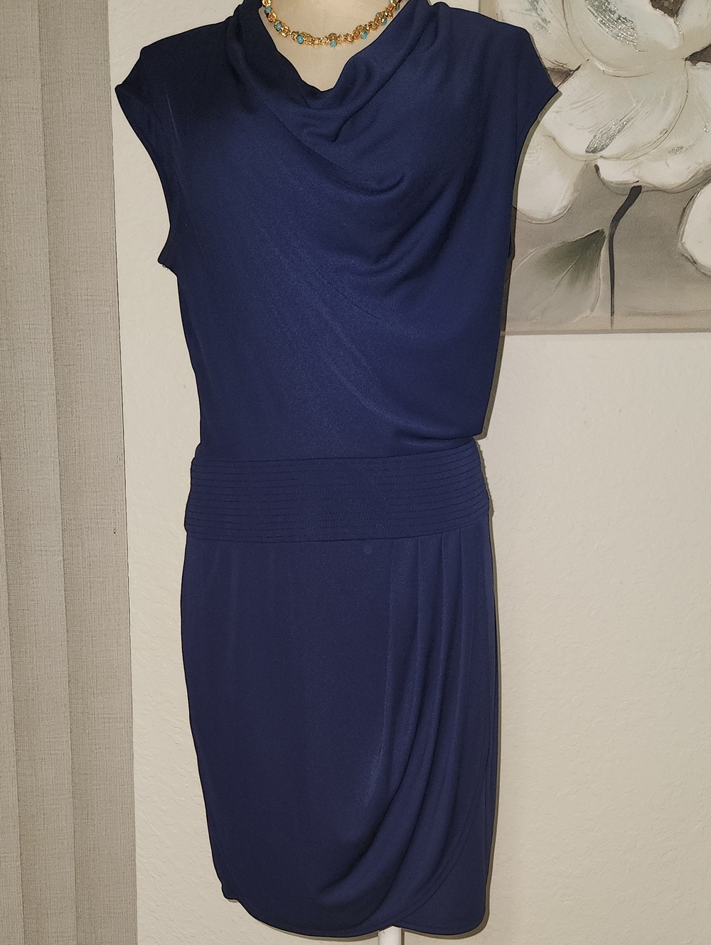BCBGMaxAzria Navy Draped Cowl Midi Dress